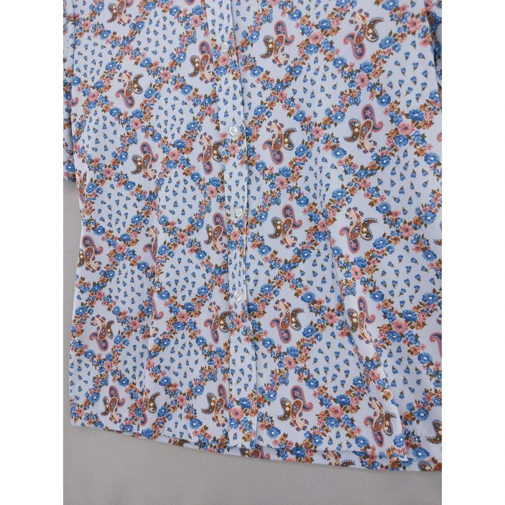 Vintage 70s Sears The Shirt Button Up Women 16 Blue Floral Paisley Short Sleeve
